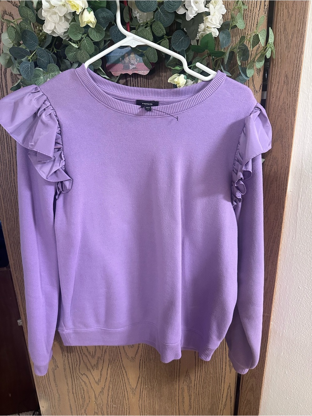 Express Lavender Ruffle Shoulder Crewneck Sweatshirt